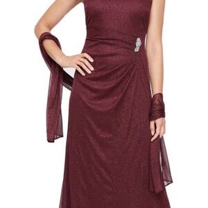 S.L. NY Women's Long Glitter Mesh Sleeveless Dress With Shawl